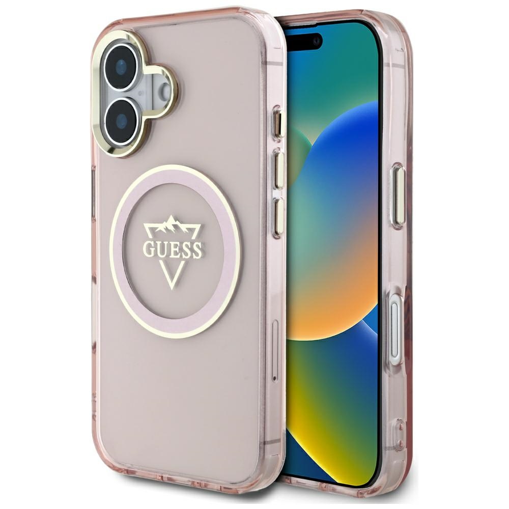 Guess IML Metal Mountain Logo Magnētiskais iPhone 16 viedtālruņa apvalks - rozā