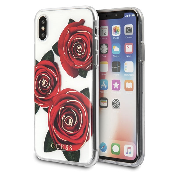 Guess ziedu vēlme sarkana roze viedtālruņa apvalks iPhone X - caurspīdīgs
