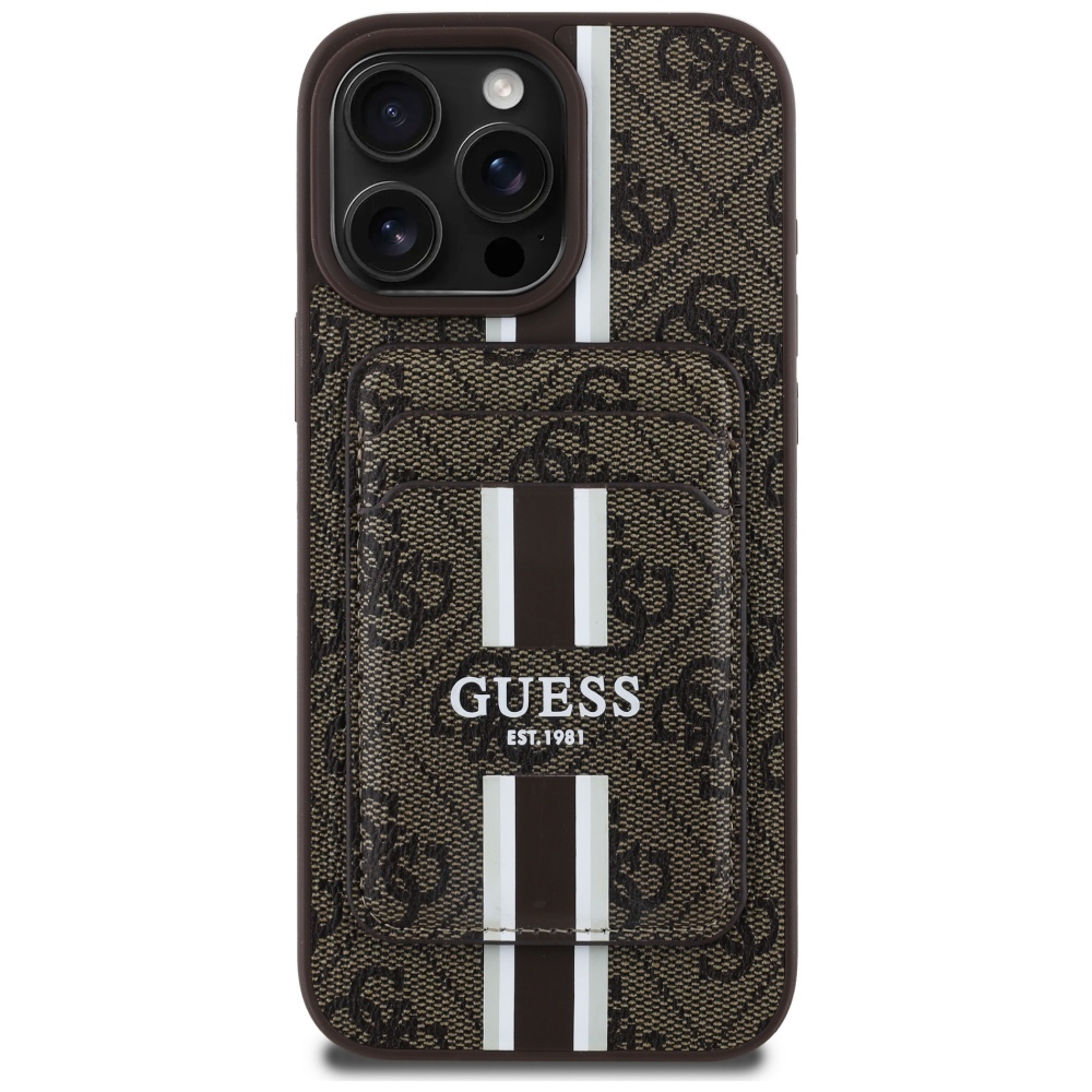 Guess 4G Stripes viedtālruņa apvalks ar Magnētisko maku iPhone 16 Pro Max - brūns
