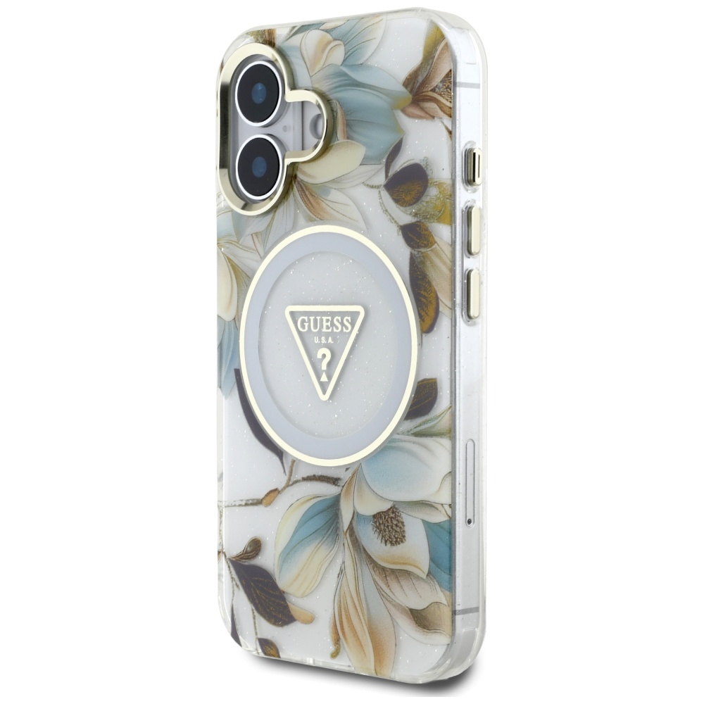 Guess Glitter Flowers Triangle Buttons Magnētiskais viedtālruņa apvalks iPhone 16 - balts