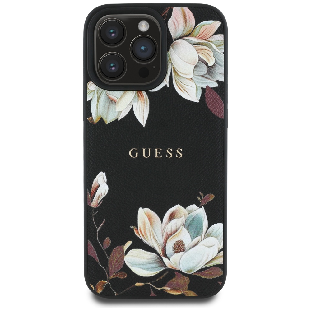 Guess Graudains Ziedu Raksts Magnētiskais viedtālruņa apvalks iPhone 16 Pro Max melns