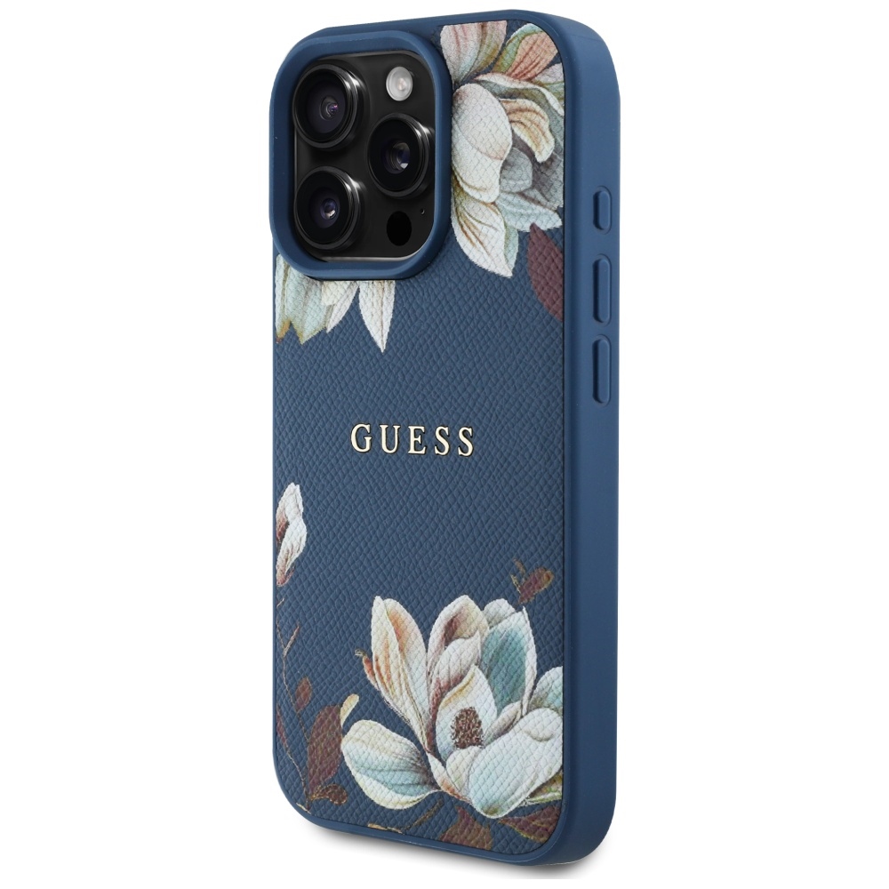 Guess graudainā raksta ziedu motīva MagSafe viedtālruņa apvalks iPhone 16 Pro Max - zils