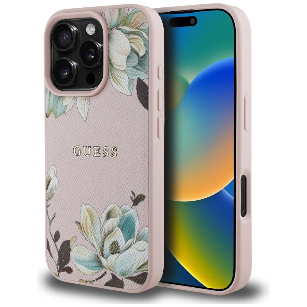 Guess Grained Printed Flower Pattern MagSafe viedtālruņa apvalks iPhone 16 Pro rozā