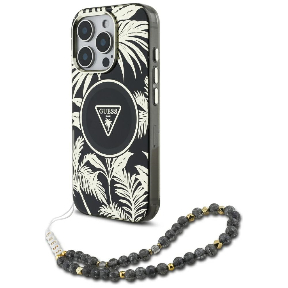 Guess Palm Trees Triangle Pearl Strap MagSafe viedtālruņa apvalks iPhone 16 Pro melns