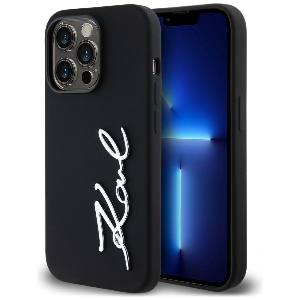 Karl Lagerfeld Silikona Metal Script Logo viedtālruņa apvalks iPhone 14 Pro melns