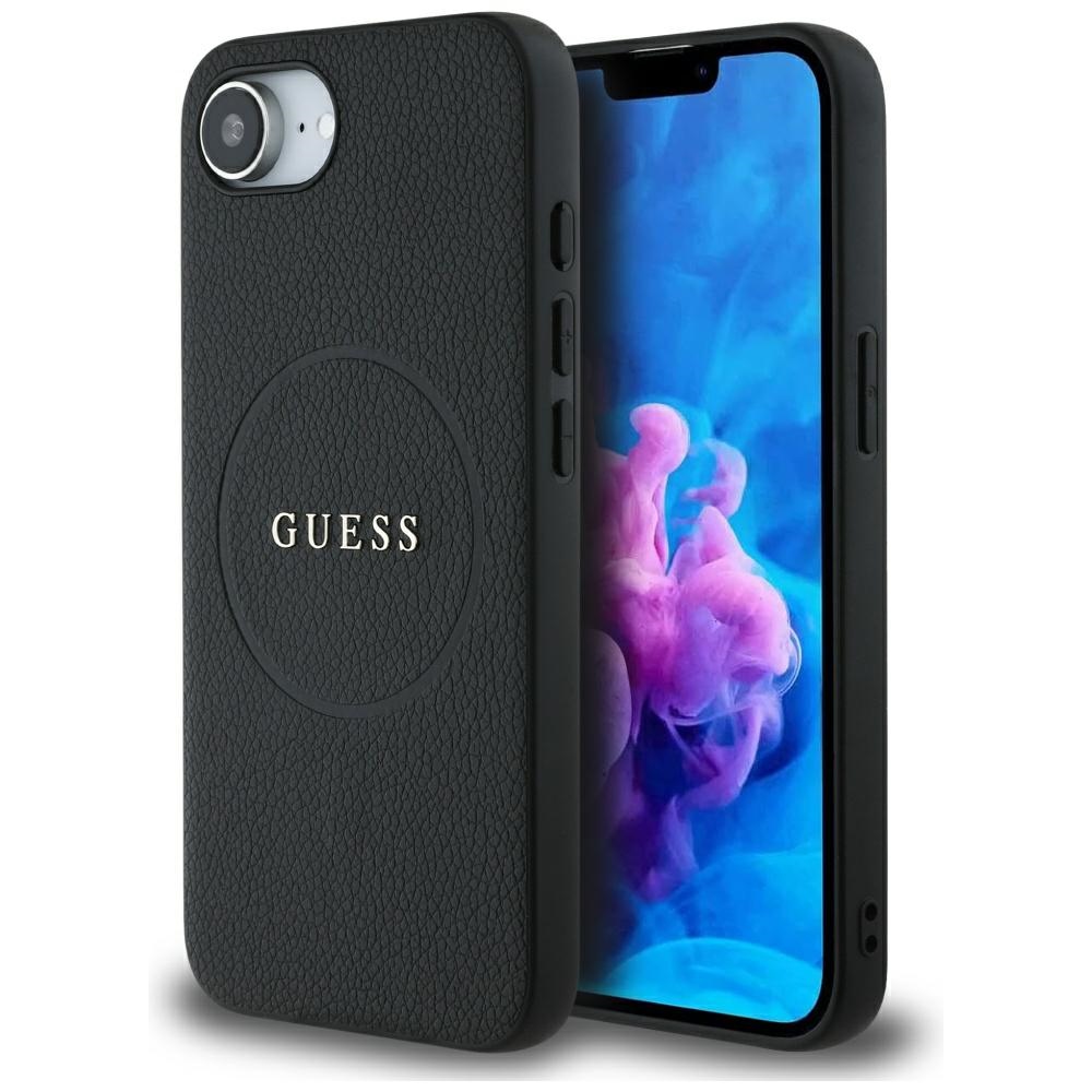Guess PU Grained Classic Logo viedtālruņa apvalks iPhone 16e ar MagSafe - melns