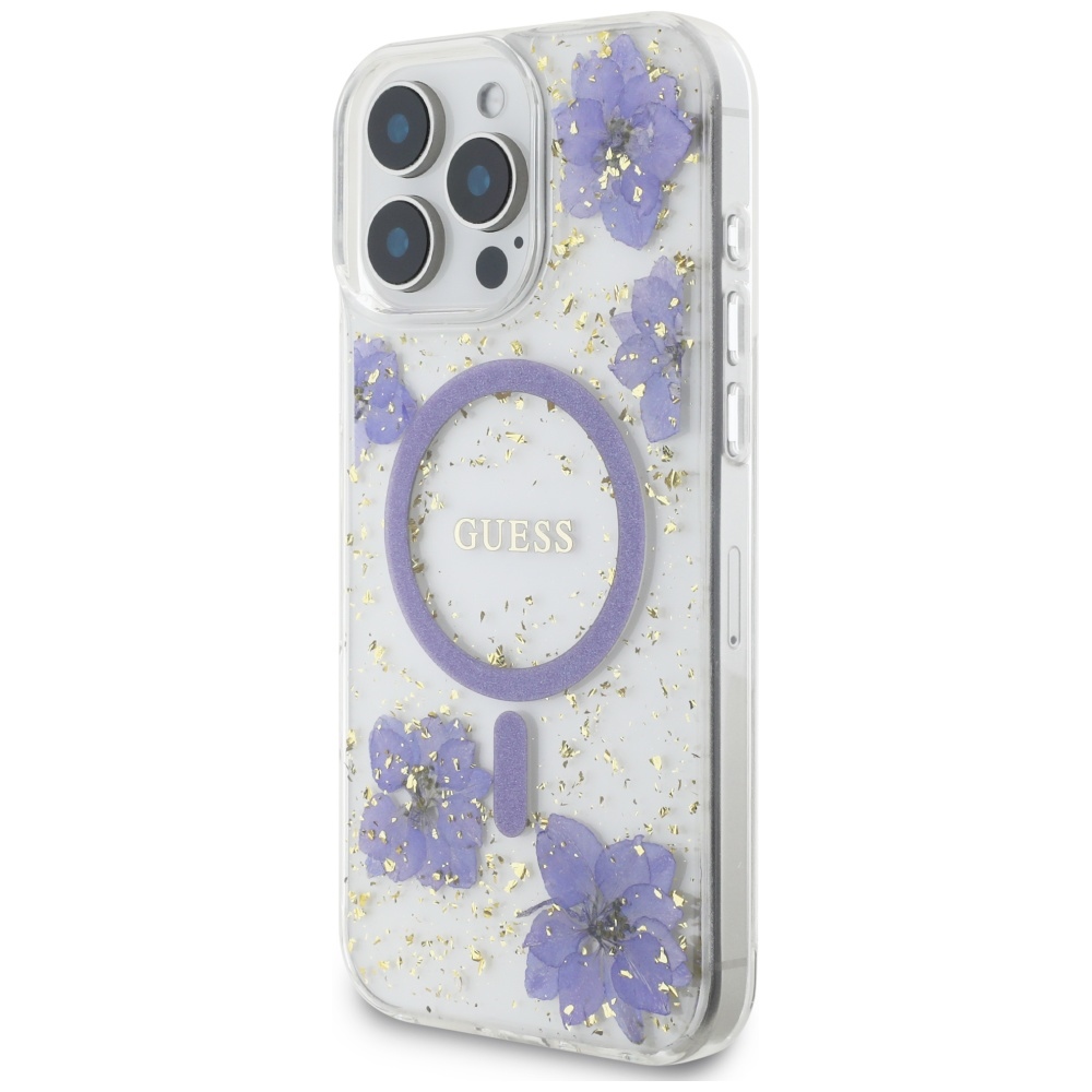 Guess Viedtālruņa apvalks ar sveķu ziediem Magnētiskais iPhone 16 Pro - violeta