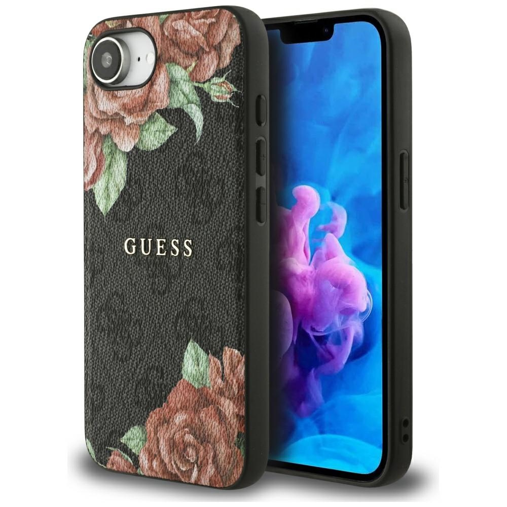 Guess 4G Flowers Print magnētiskais viedtālruņa apvalks iPhone 16e - melns