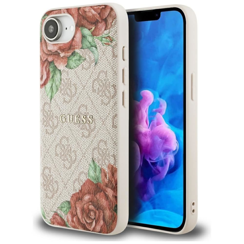 Guess 4G Flowers Print magnētiskais viedtālruņa apvalks iPhone 16e - rozā