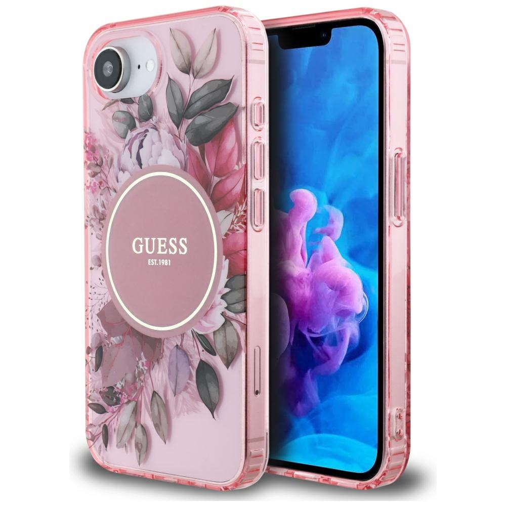 Guess IML Flowers magnētiskais viedtālruņa apvalks iPhone 16e - rozā