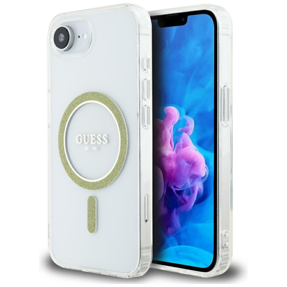 Guess IML Glitter Circle magnētiskais viedtālruņa apvalks iPhone 16e - caurspīdīgs