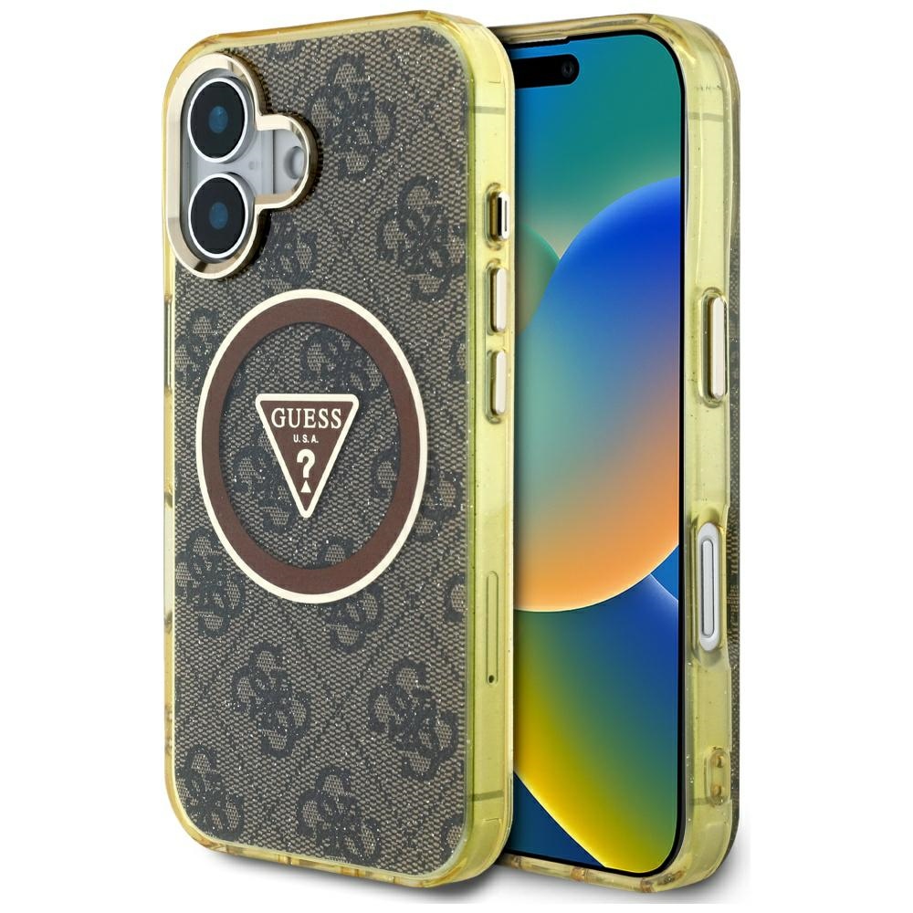 Guess IML Metal Glitter 4G Circle Triangle magnētiskais viedtālruņa apvalks iPhone 16 - brūns