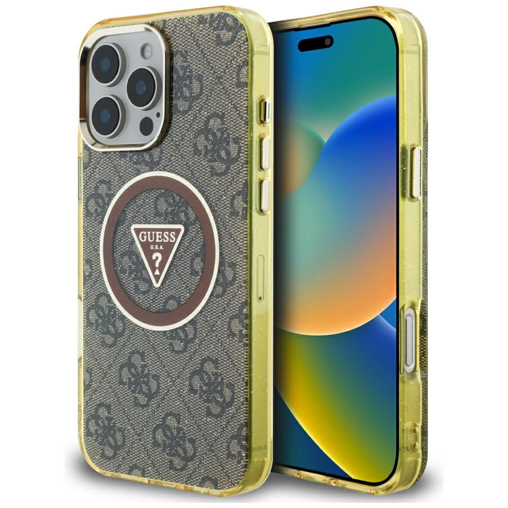 Guess IML Metal Glitter 4G Circle Triangle magnētiskais viedtālruņa apvalks iPhone 16 Pro Max - brūns