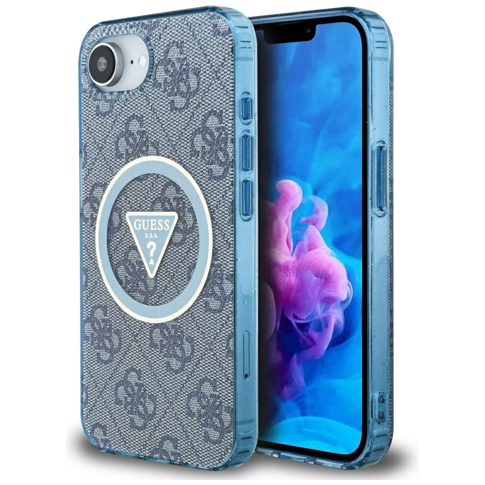 Guess IML Metal Glitter 4G Circle Triangle magnētiskais viedtālruņa apvalks iPhone 16e - zils