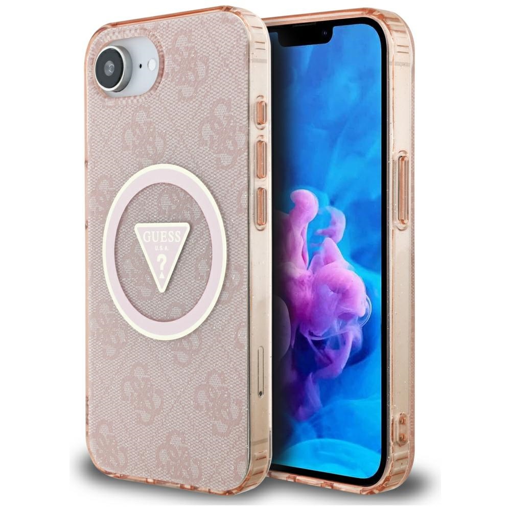 Guess IML Metal Glitter 4G Circle Triangle magnētiskais viedtālruņa apvalks iPhone 16e - rozā