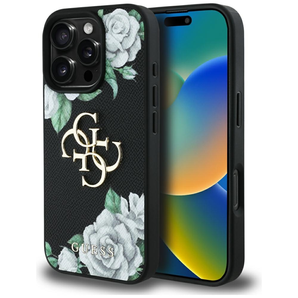 Guess Grained Roses Big 4G logo viedtālruņa apvalks iPhone 16 Pro Max - melns