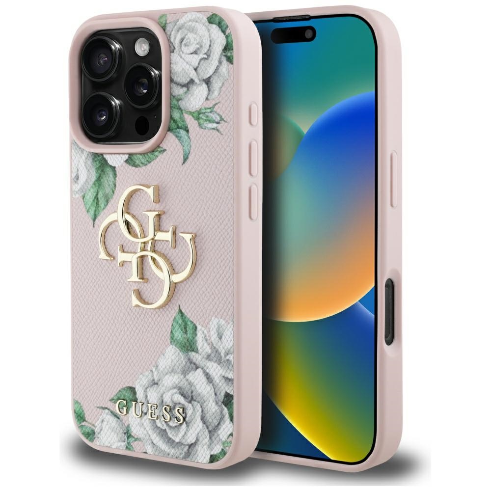 Guess Grained Roses Big 4G logo viedtālruņa apvalks iPhone 16 Pro Max - rozā