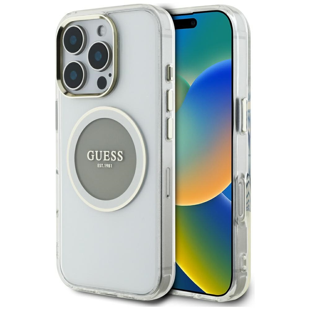 Guess IML Metal Colored Circle Classic Logo Magnētiskais viedtālruņa apvalks iPhone 16 Pro - pelēks