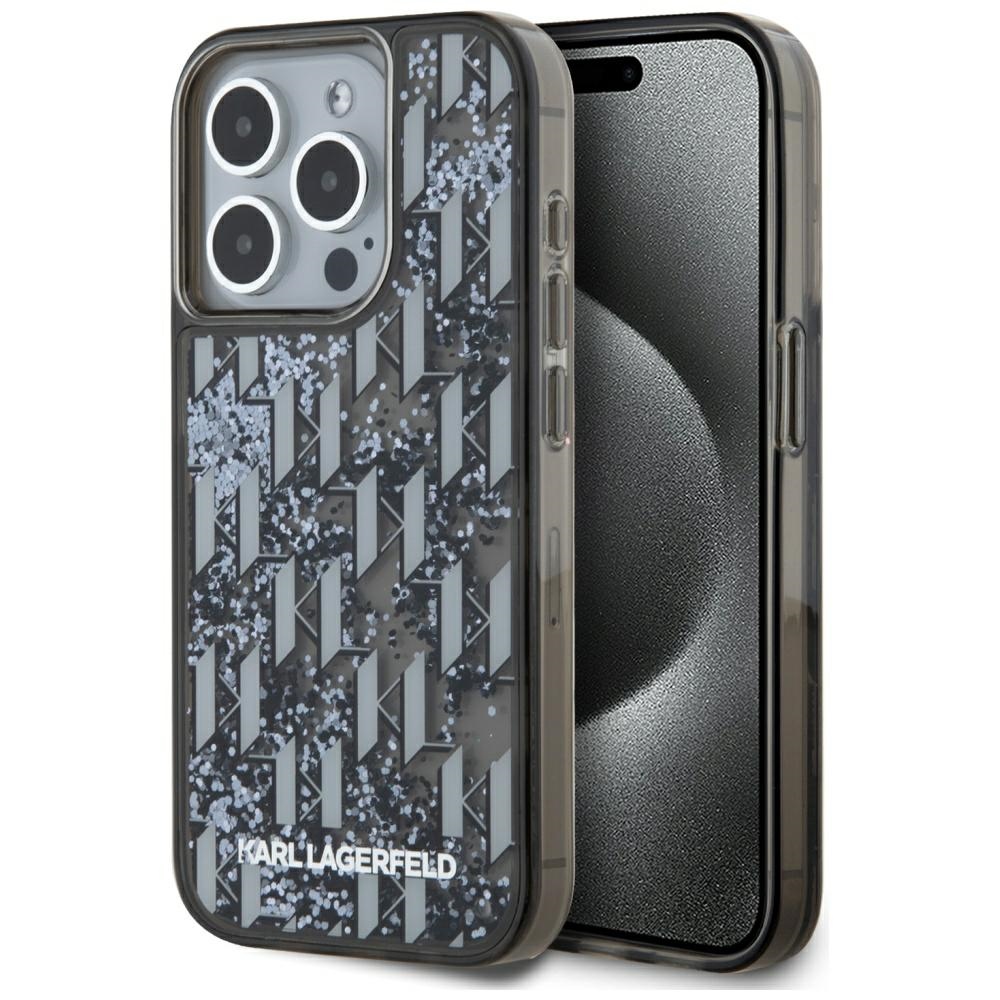 Karl Lagerfeld Liquide Glitter Monogram Gradient viedtālruņa apvalks iPhone 15 Pro Max - melns