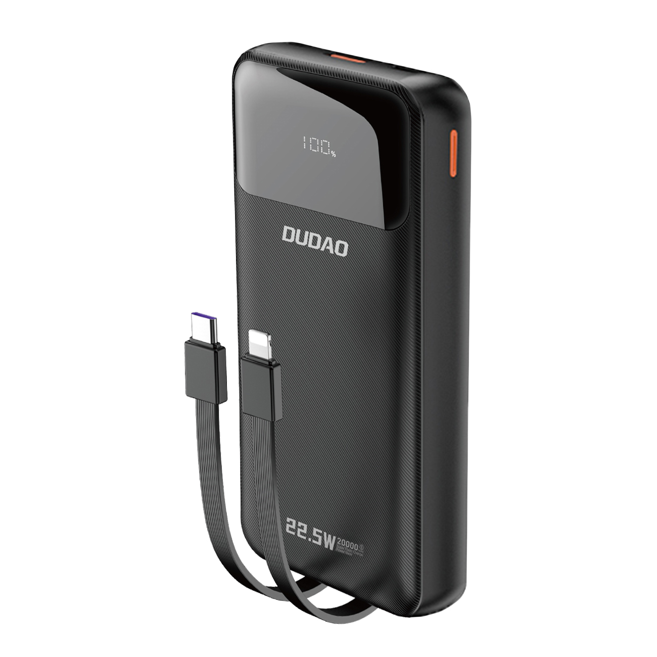 Dudao K15Pro portatīvais lādētājs 20000mAh 22.5W PD USB-C / USB-A / ar iebūvētiem Lightning un USB-C kabeļiem - melna