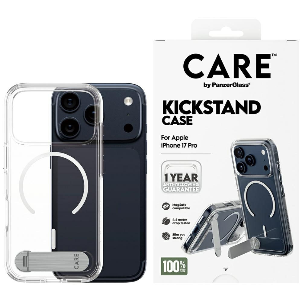 CARE by PanzerGlass Funkcionālais apvalks ar statīvu Magnētiskais iPhone 17 Pro - Caurspīdīgs