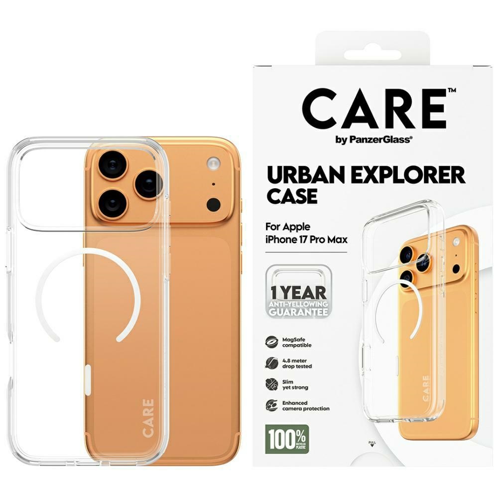 CARE by PanzerGlass Flagship Urban Explorer Magnētiskais viedtālruņa apvalks ar baltu MagSafe iPhone 17 Pro Max - caurspīdīgs