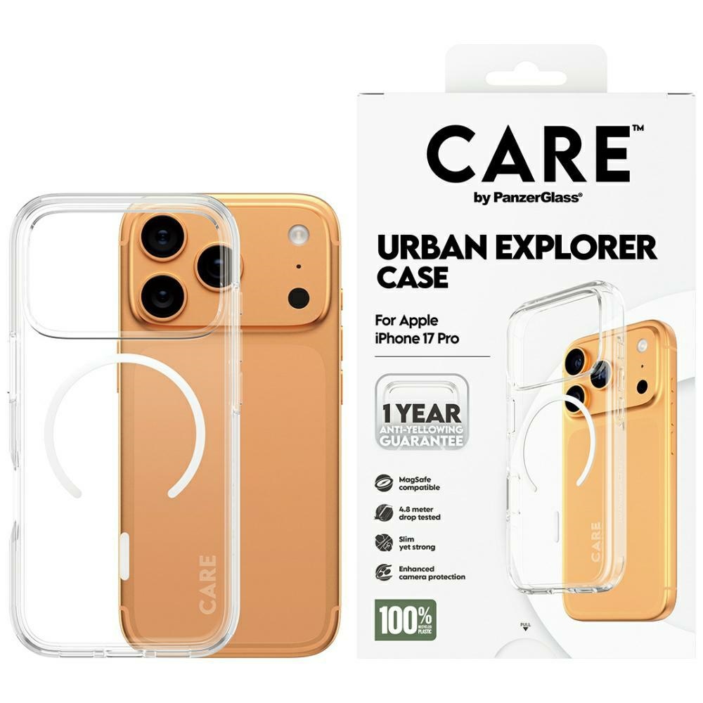 CARE by PanzerGlass Flagship Urban Explorer viedtālruņa apvalks ar baltu magnētisko MagSafe, paredzēts iPhone 17 Pro – caurspīdīgs