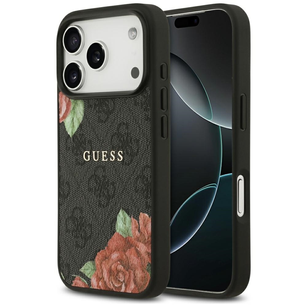 Guess 4G Flowers Print Magnētiskais viedtālruņa apvalks iPhone 17 Pro Max - melna