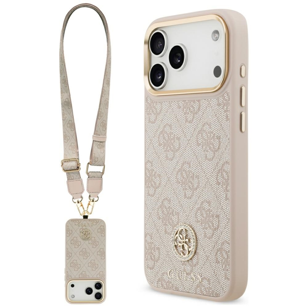 Guess 4G Strass Logo & Big Strap Metal Buttons Magnētiskais viedtālruņa apvalks iPhone 17 Pro Max - rozā