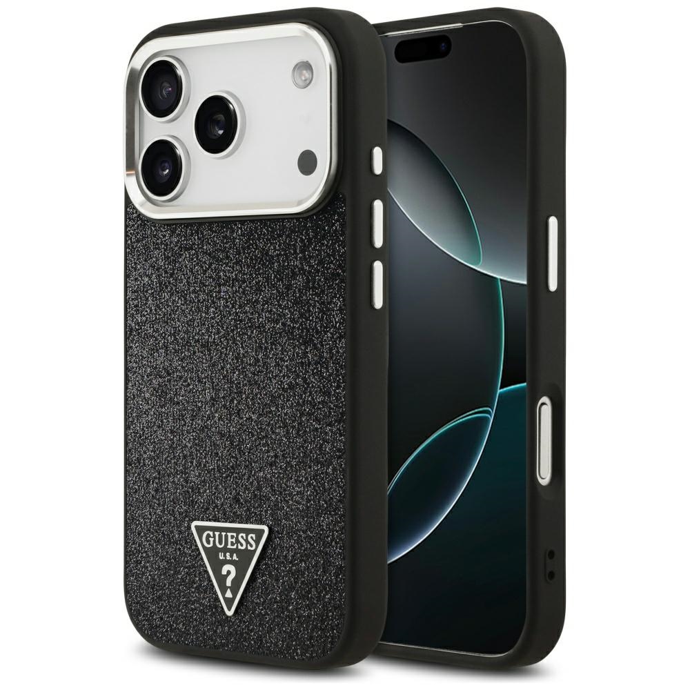 Guess Mirdzošs Trīsstūra Logotips Magnētiskais viedtālruņa apvalks iPhone 17 Pro - melns