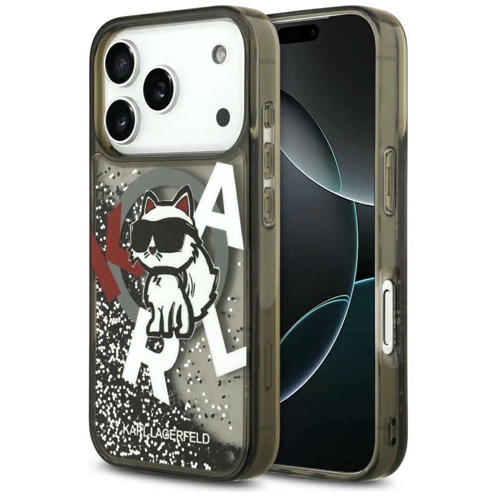 Karl Lagerfeld Šķidrs mirdzošs Choupette logotips Magnētiskais viedtālruņa apvalks iPhone 17 Pro Max - melns
