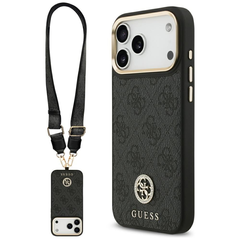 Guess 4G Strass Logo & Big Strap Metal Buttons Magnētiskais apvalks iPhone 17 Pro Max - melns