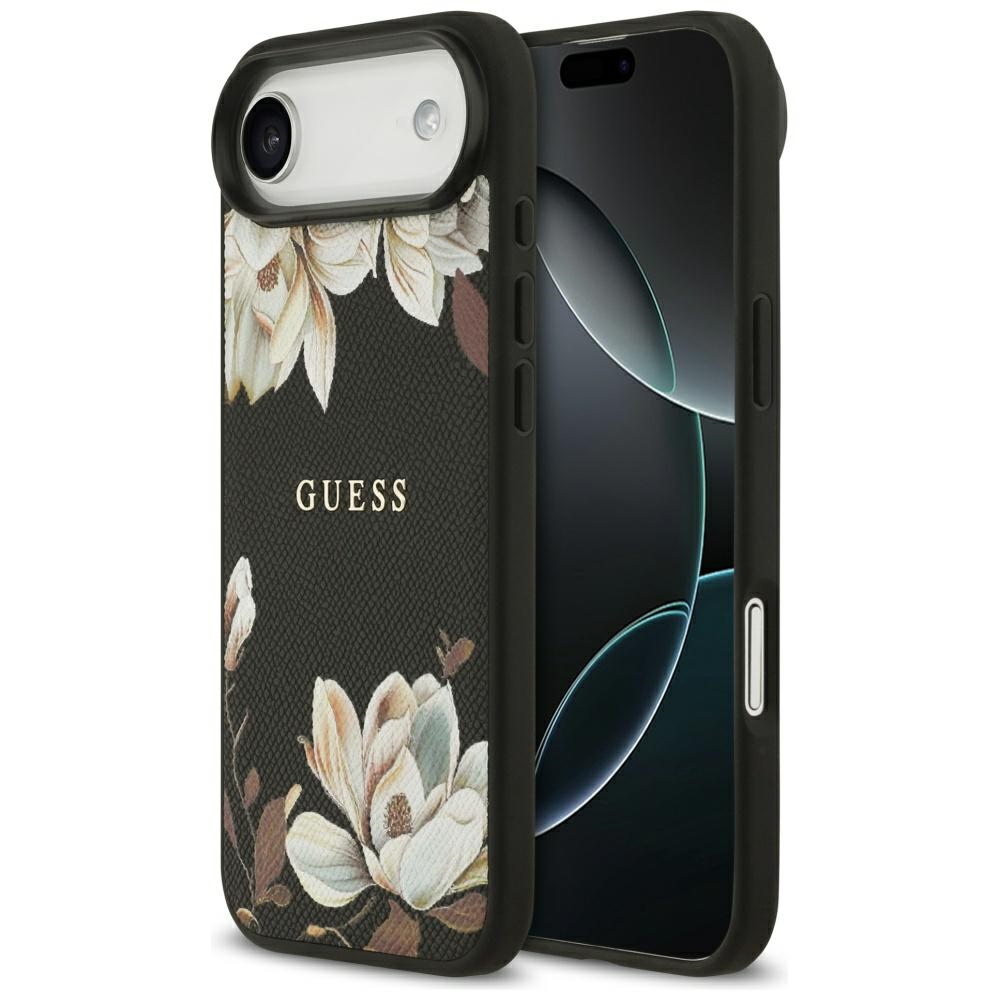 Guess Grained Flowers Classic Logo MagSafe viedtālruņa apvalks iPhone Air - melns