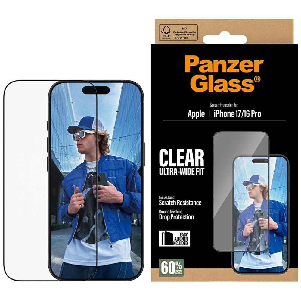 PanzerGlass īpaši plats EasyAligner rūdītais aizsargstikls iPhone 17 / 16 Pro viedtālrunim