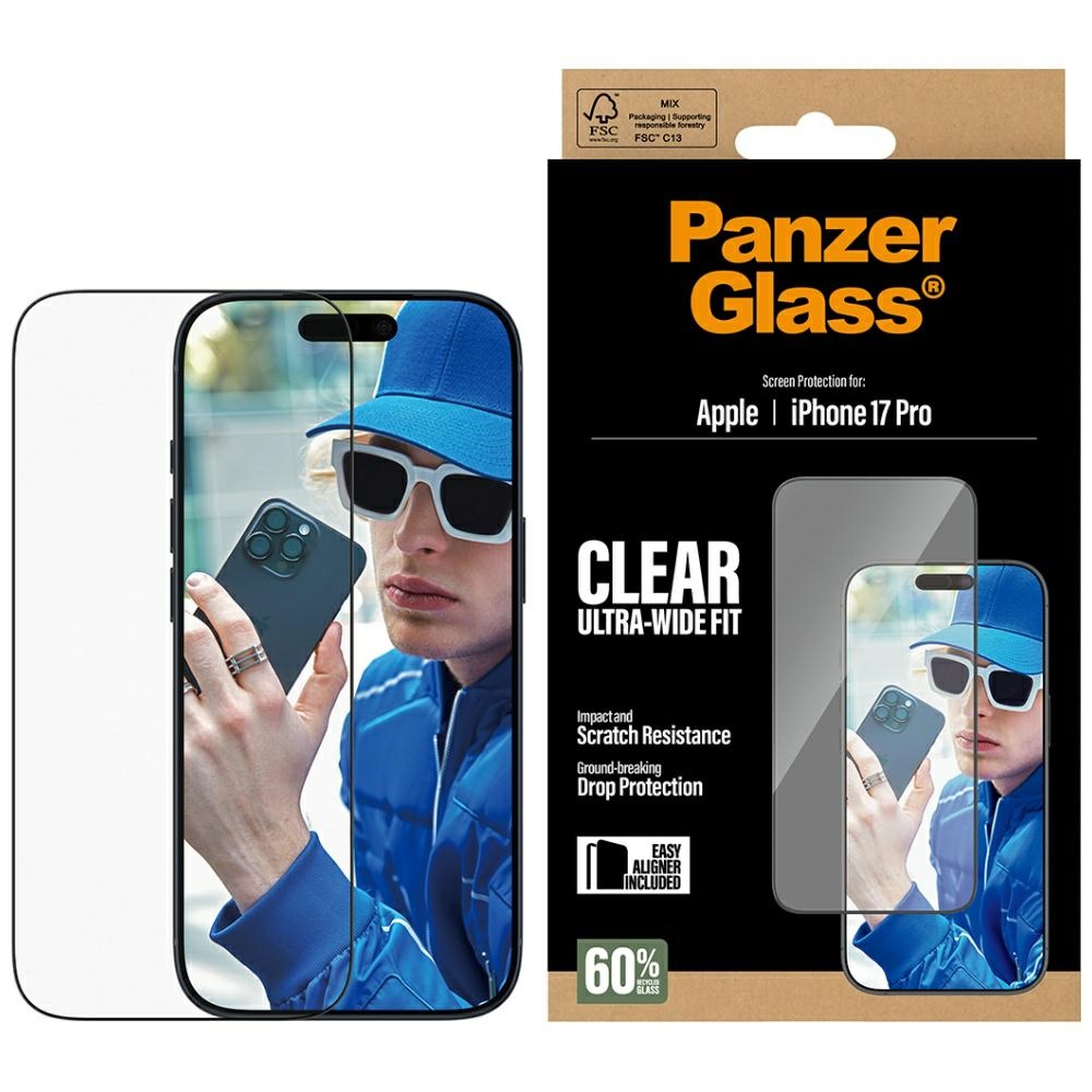 PanzerGlass īpaši plats EasyAligner rūdītais aizsargstikls iPhone 17 Pro viedtālrunim