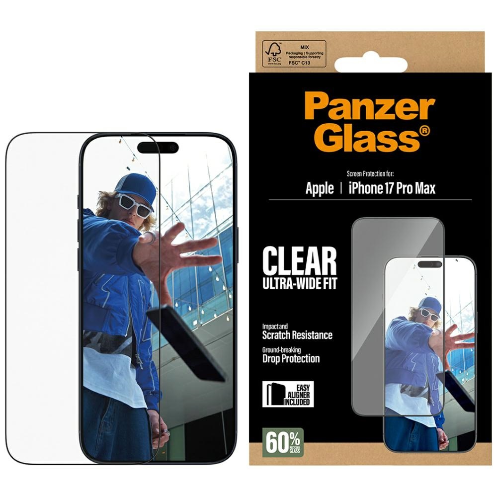 PanzerGlass īpaši plats EasyAligner rūdītais aizsargstikls iPhone 17 Pro Max viedtālrunim