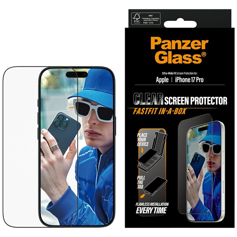 PanzerGlass īpaši plats Fastfit rūdītais aizsargstikls iPhone 17 Pro viedtālrunim