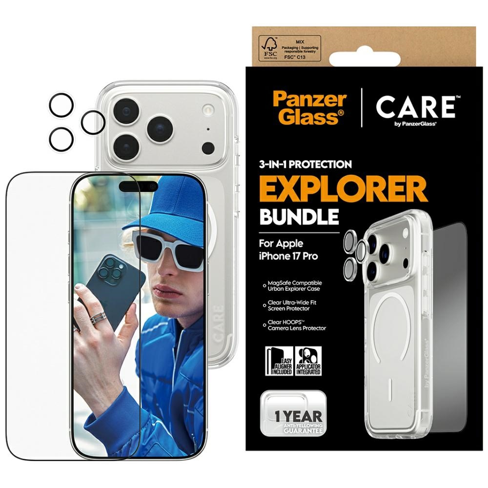 CARE by PanzerGlass flagmanis pētnieks 3in1 apvalks + stikls + lēcas aizsardzība iPhone 17 Pro