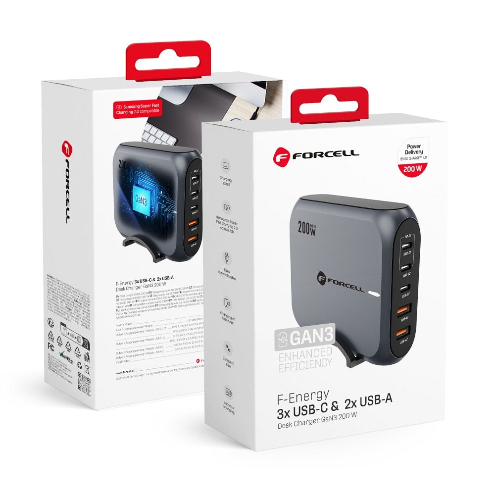 FORCELL F-ENERGY GaN III VT-51 pelēks galda lādētājs 3 x Type C + 2 x USB A PD QC4.0 SFC2.0 5A 200W