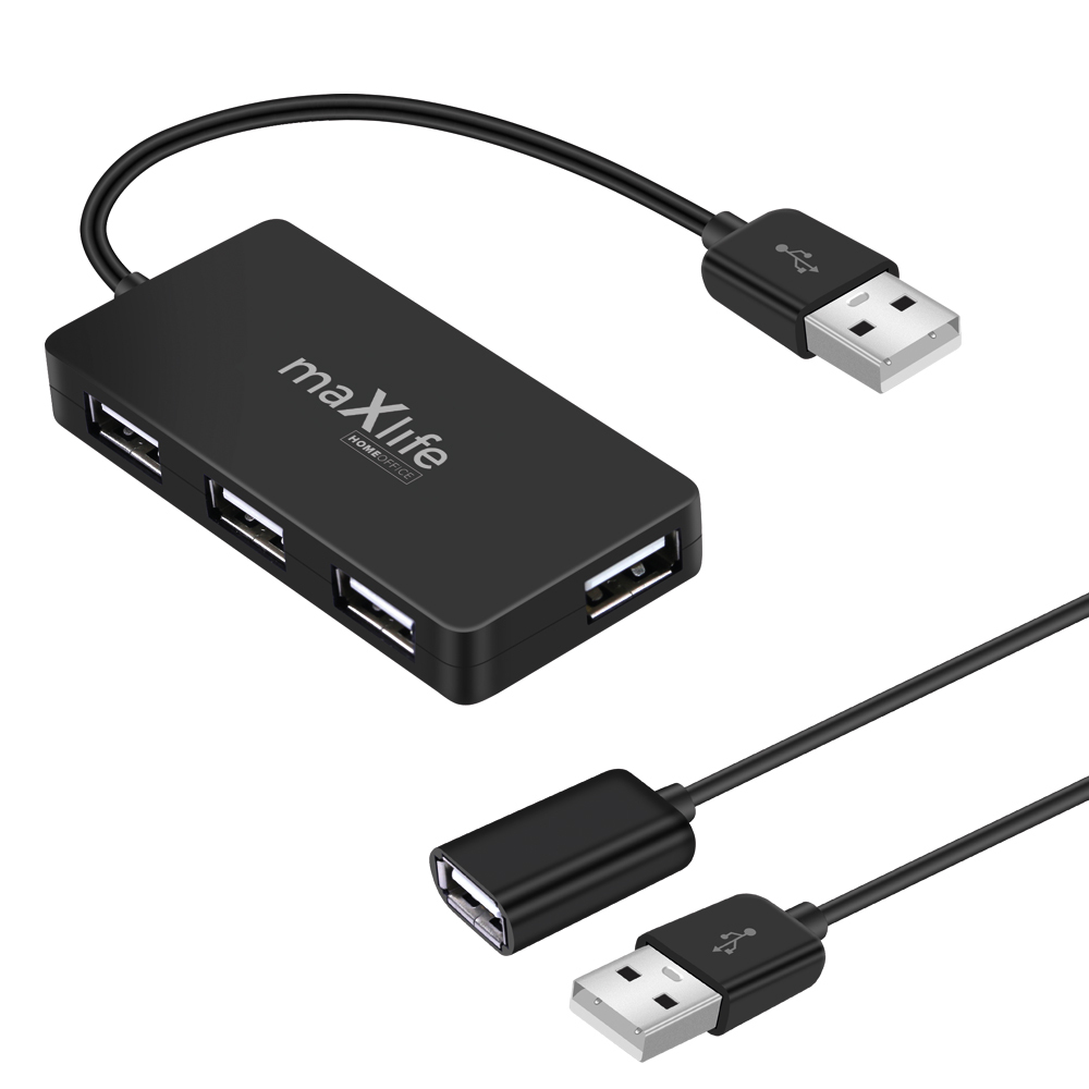 Maxlife Mājas biroja USB 2.0 centrmezgls USB - 4x USB 0,15 m melns + kabelis 1,5 m