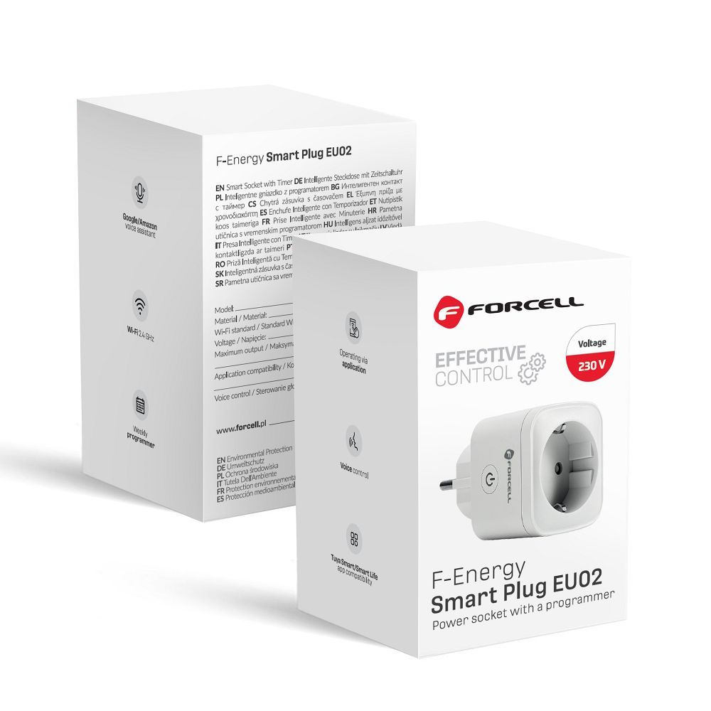FORCELL F-ENERGY EU02 viedā kontaktligzda 230V ar WiFi, programmētāju un Tuya/Amazon Alexa atbalstu - balts