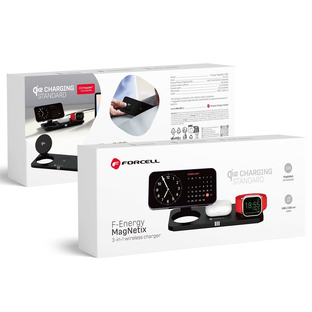 FORCELL F-ENERGY MagNetix 3w1 Qi2 20,5W bezvadu lādētājs saderīgs ar MagSafe melns