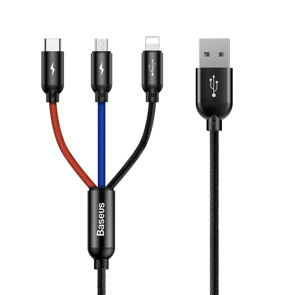 Kabelis Baseus Three Primary Colors 3in1 USB-A - micro USB / Lightning / USB-C 3.5A 1.2 m melns