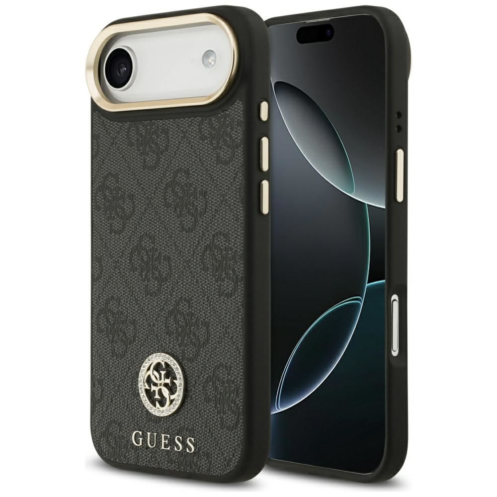 GUESS magnētiskais viedtālruņa apvalks IPHONE 17 Air, savietojams ar MagSafe GUHMP17MP4GRMDEK (PU apvalks ar 4G Strass logotipu) melns