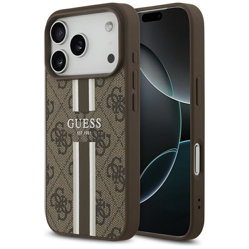 GUESS viedtālruņa apvalks IPHONE 17 Pro, saderīgs ar MagSafe GUHMP17LP4RPSW (4G Printed Stripes), brūns