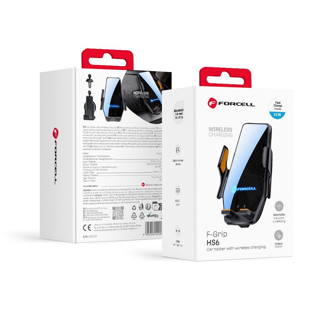 Forcell F-GRIP HS6 automašīnas turētājs ar bezvadu lādētāju, stiprināms pie stikla un gaisa ventilācijas režģa, melns