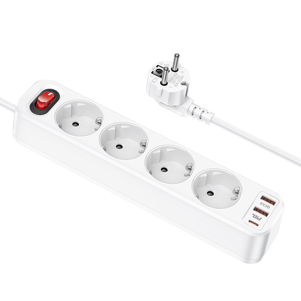 Pagarināšanas lenta Hoco 1,8 m 4 kontaktligzdas + 2 x USB A + USB C QC3.0 PD 3A 20W NS1 balta