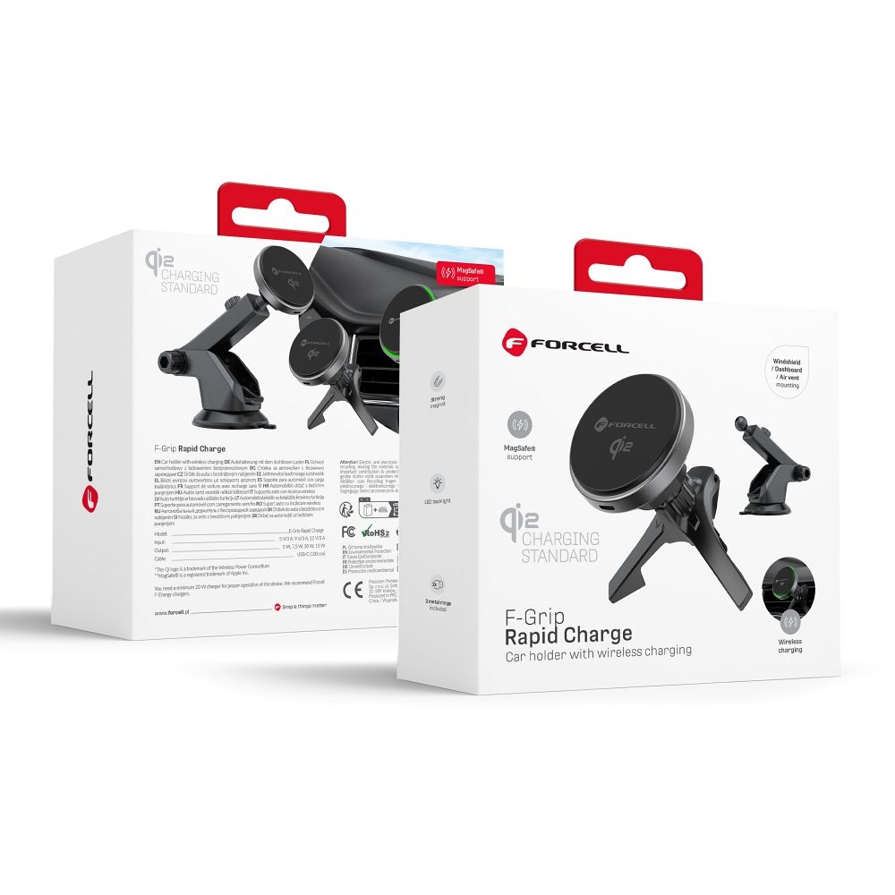 FORCELL F-GRIP ātrās uzlādes magnētiskais automobiļa turētājs priekšējā stikla / ventilācijas atverei ar bezvadu uzlādi saderīgs ar MagSafe Qi2 15W pelēks