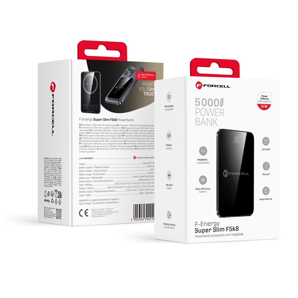 Portatīvais lādētājs ar MagSafe Forcell F-Energy SuperSlim F5K8 QC4.0 PD3.0 15W 5000 mAh melna
