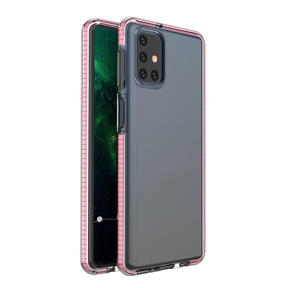 Spring Case caurspīdīgs TPU gēla aizsargapvalks ar krāsainu rāmi Samsung Galaxy M31s gaiši rozā